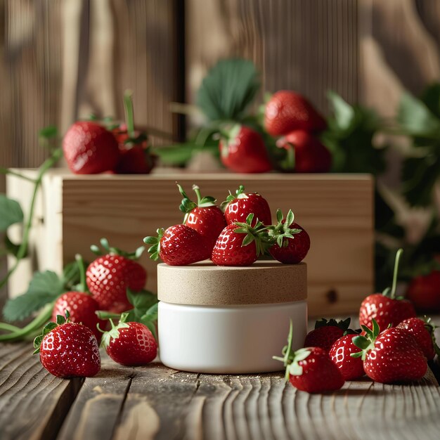 A jar of face cream with strawberries on top of it