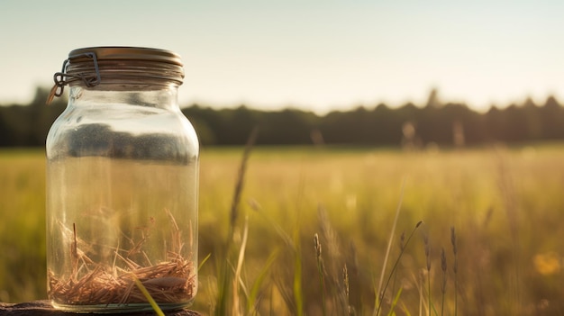 A jar in a field with the sun shining on it