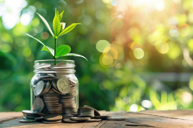 A jar filled with coins and a plant growing out of it