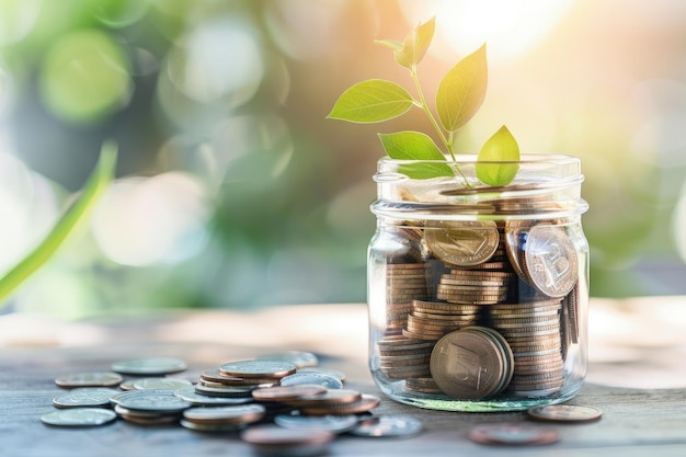 A jar filled with coins and a plant sprouting out of it