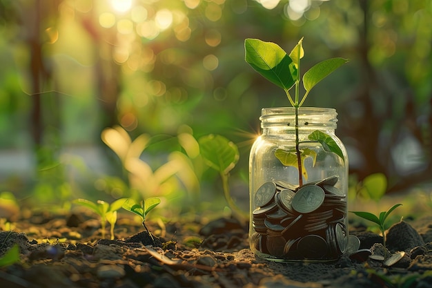 A jar filled with coins and a plant sprouting out of it