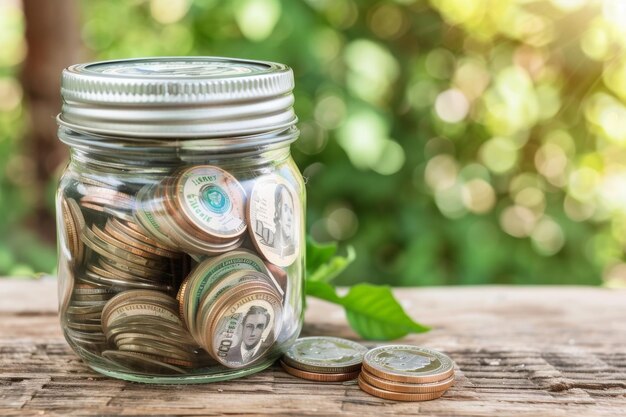 Photo jar filled with coins on wooden table