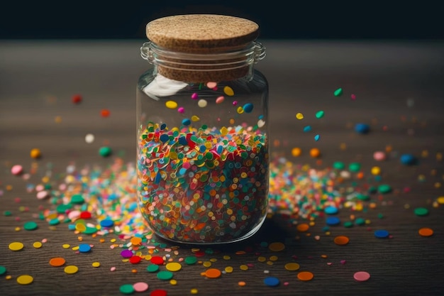 A jar filled with colorful confetti ready to be scattered at a party