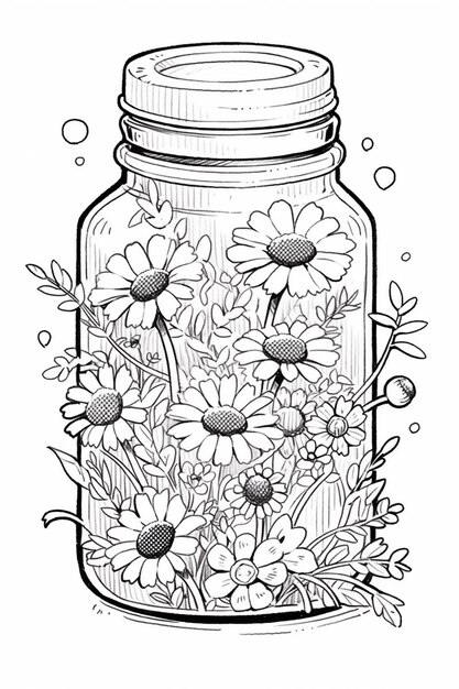 Photo a jar filled with flowers and bubbles coloring page generative ai