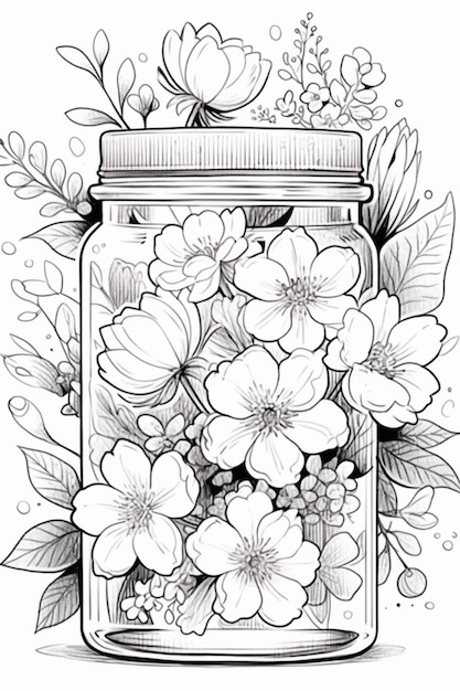 A jar filled with flowers and leaves generative ai