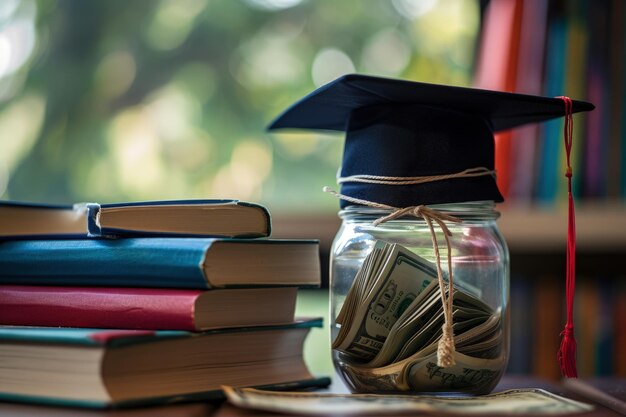 Photo jar filled with money next to stack of books