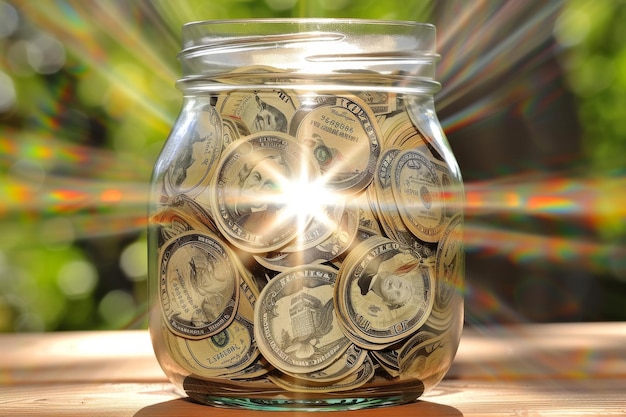 Photo jar filled with money on wooden table