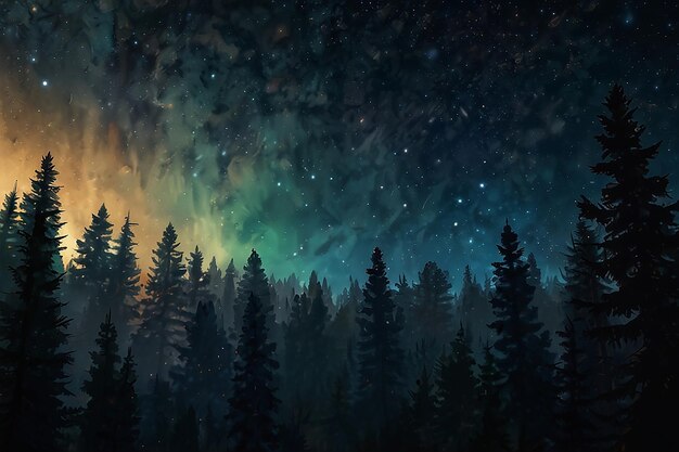 Jar filled with painting of forest and sky filled with stars