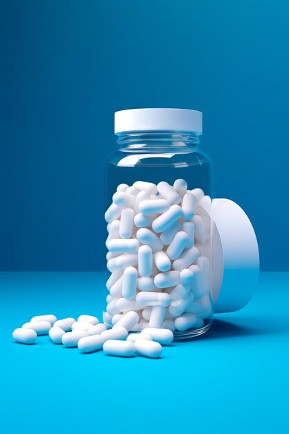 Jar filled with white pills on blue surface with blue background Generative AI