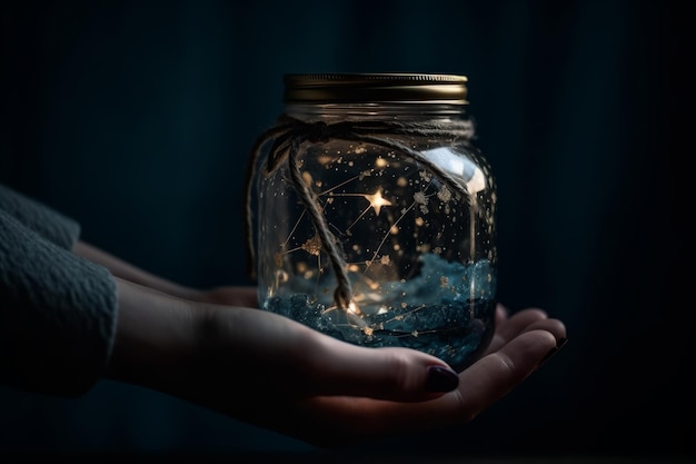 A jar of fireflies is held in a hand.