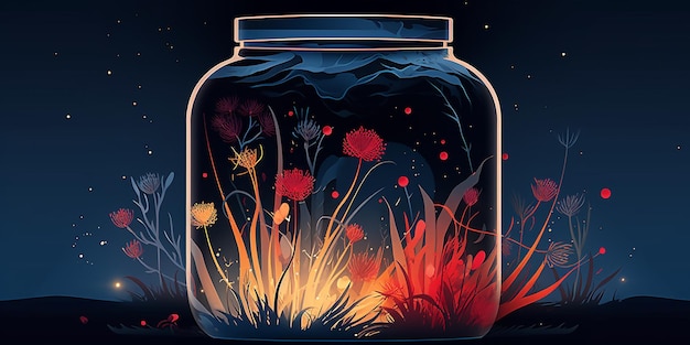 A jar of flowers is lit up with a fire in the bottom.