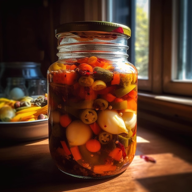 A jar of food is on a table with a lid that says " a " on it ".