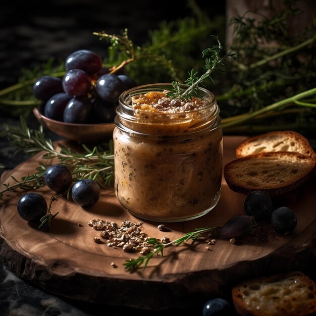 A jar of food with a small jar of food on a wooden board.