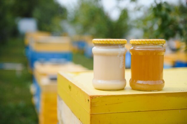 ガラスの瓶に新鮮な蜂蜜の瓶 養蜂のコンセプト トップビュー コピースペース