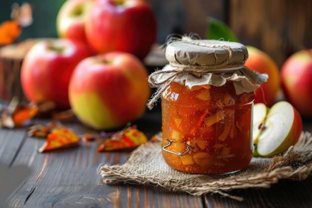 a jar of fresh transparent apple jam with apples in the background