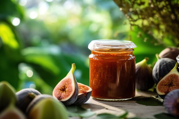 A jar of freshly made fig jam with ripe figs