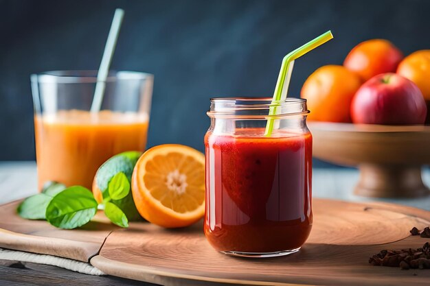 a jar of fruit juice with a basket of fruit and a basket of strawberries.