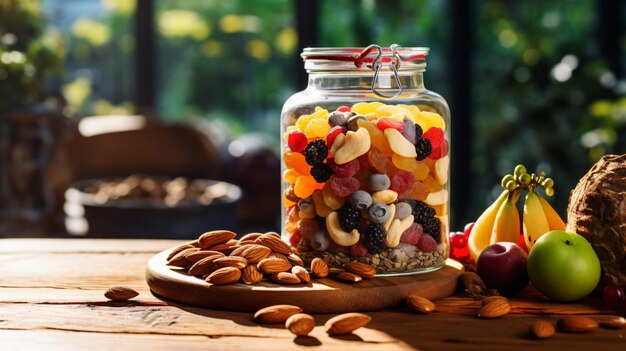 Foto un barattolo di frutta e noci su un tavolo