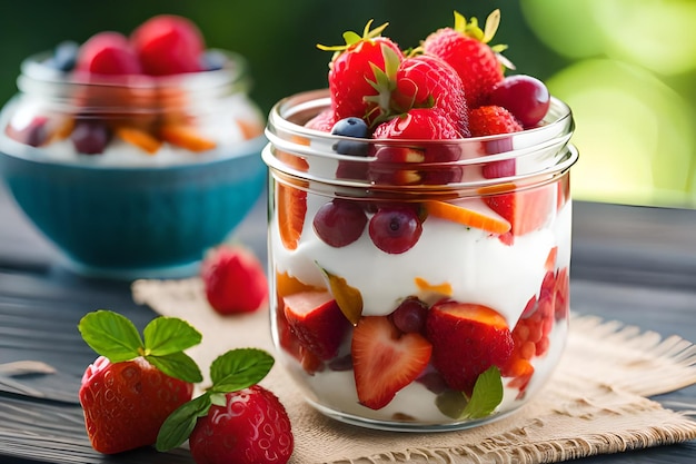 A jar of fruit salad with yogurt and strawberries