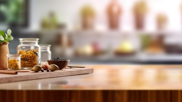 A jar of fruit sits on a kitchen counter with a jar of fruit on it