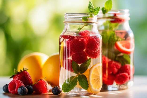 A jar of fruit water with a green background