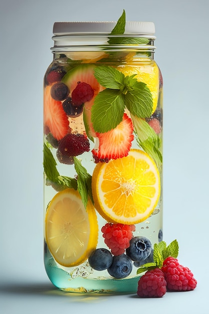 A jar of fruit water with a mint leaf on the top