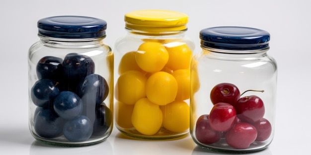 A jar of fruit with a blue cap and a yellow cap