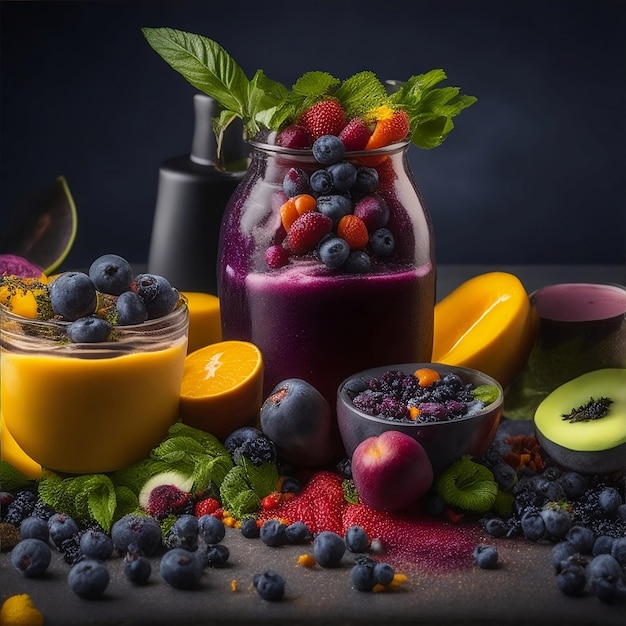 Foto un barattolo di frutta con sopra un mazzo di mirtilli