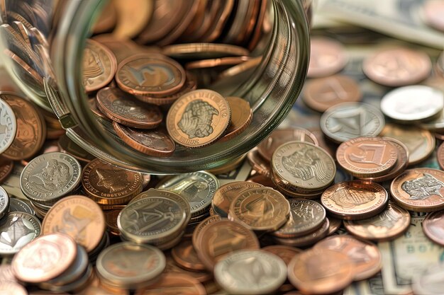 A jar full of coins sitting on top of a pile of money