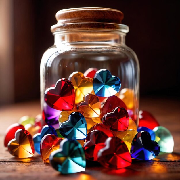 Jar full of crystal hearts showing collection of love and romance