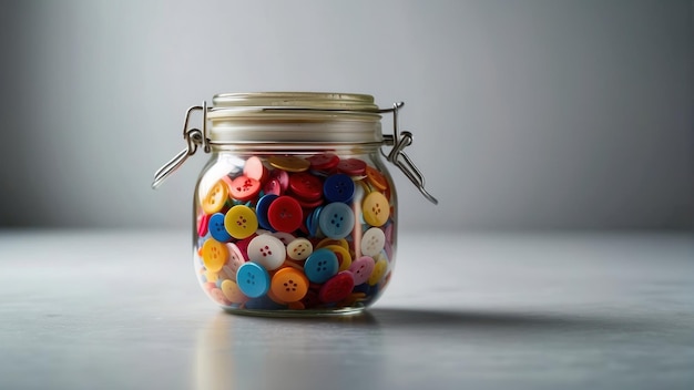 Jar gevuld met kleurrijke knoppen op een tafel