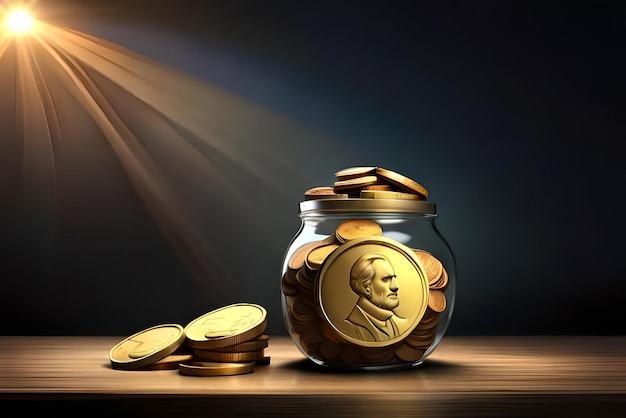 a jar of gold coins of money is on a table with a dark background