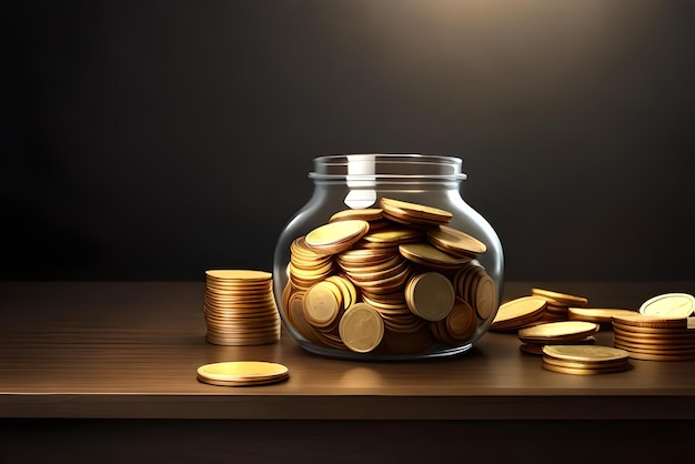 a jar of gold coins of money is on a table with a dark background