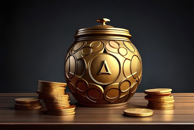 a jar of gold coins of money is on a table with a dark background