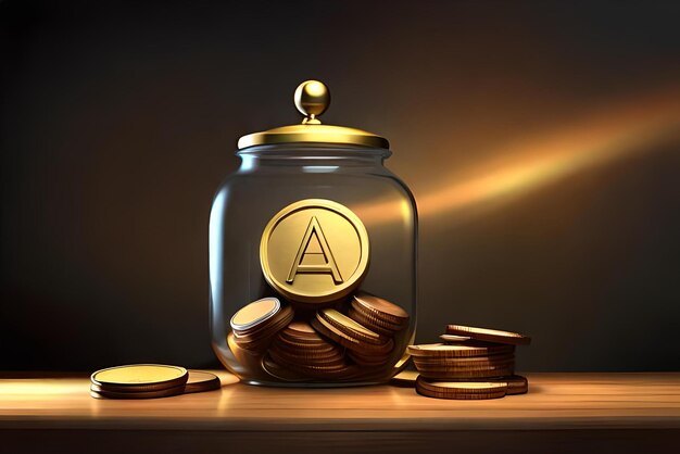 Photo a jar of gold coins of money is on a table with a dark background
