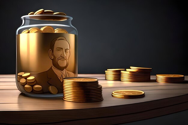 a jar of gold coins of money is on a table with a dark background