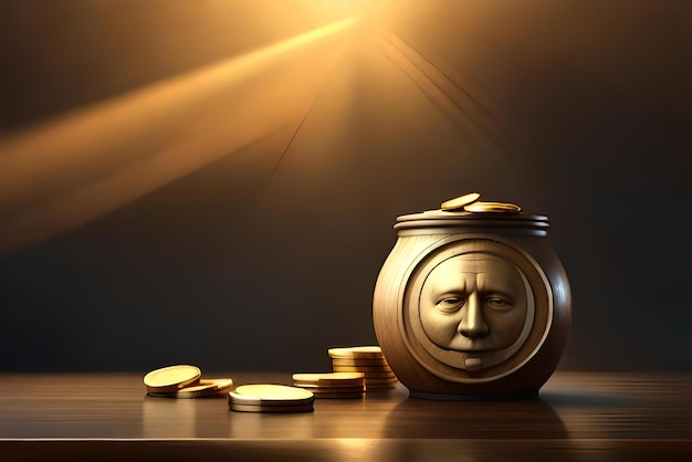 a jar of gold coins of money is on a table with a dark background