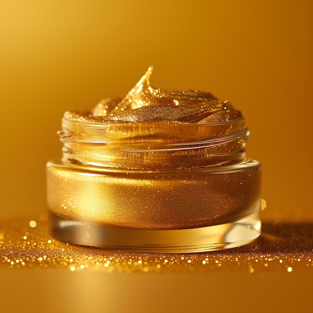 A jar of gold glitter on a yellow background with a gold lid and a gold glittered lid on the jar