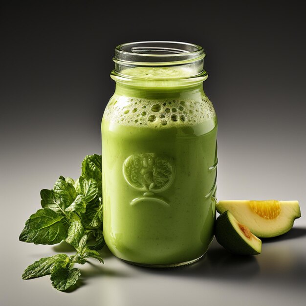 Photo a jar of green liquid next to a banana and a kiwi