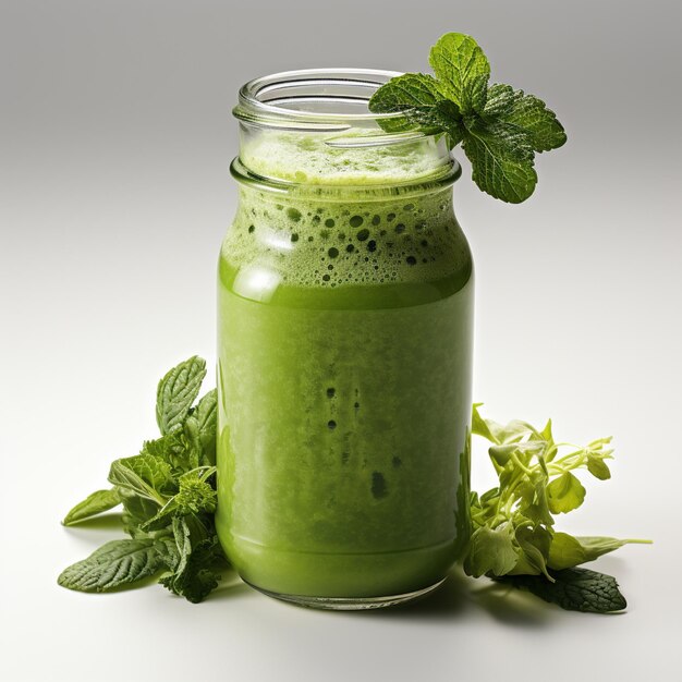 Photo a jar of green liquid with a green leaf on it