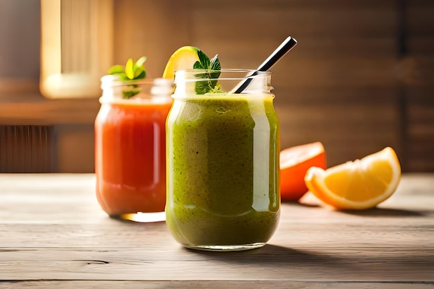 a jar of green liquid with a straw in it that says " fresh ".