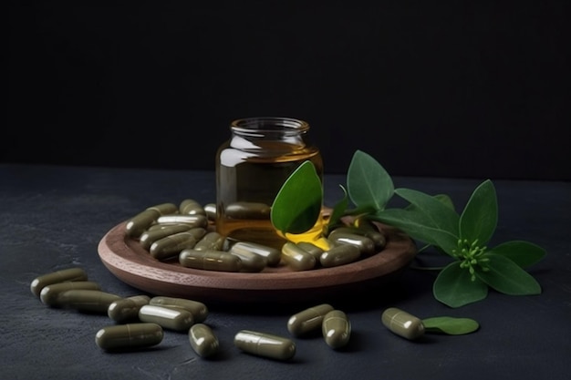 A jar of green pills with a leaf next to it