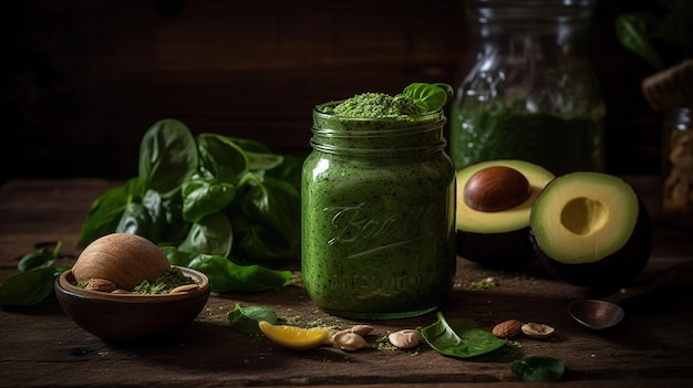 A jar of green smoothie with avocado and spinach on the side