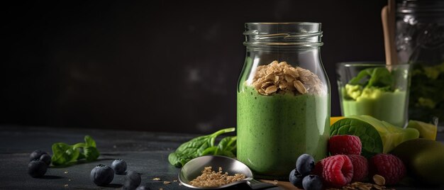 A jar of green smoothie with a spoon next to it.