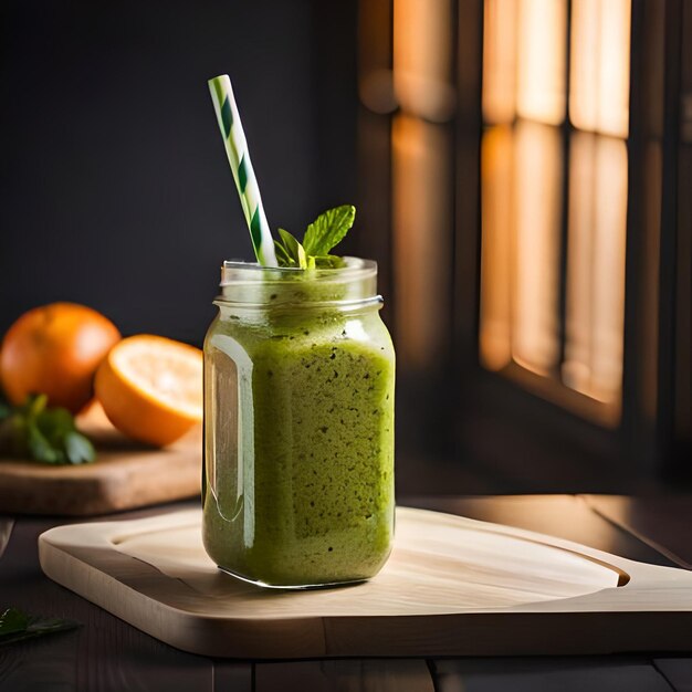 A jar of green smoothie next to a wooden cutting board with a straw in it.