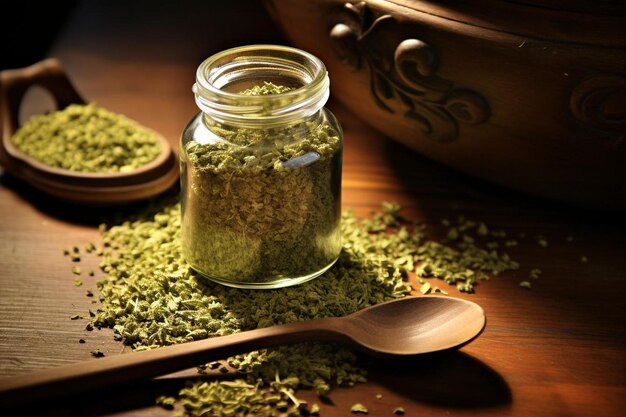 a jar of green spices with a spoon and spoon.