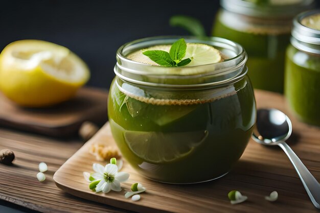 a jar of green tea with a lemon on the side.