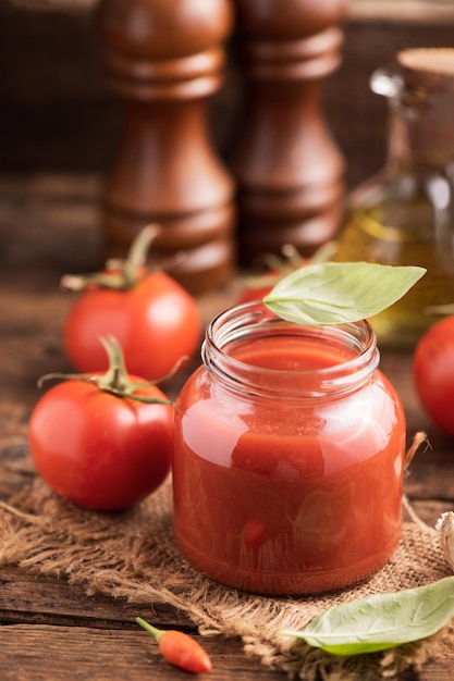 Jar of home made classic Tomato sauce on wooden table close up