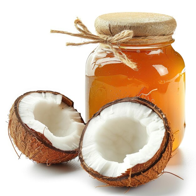 Photo a jar of homemade coconut jam with fresh coconut isolated on a pristine white background