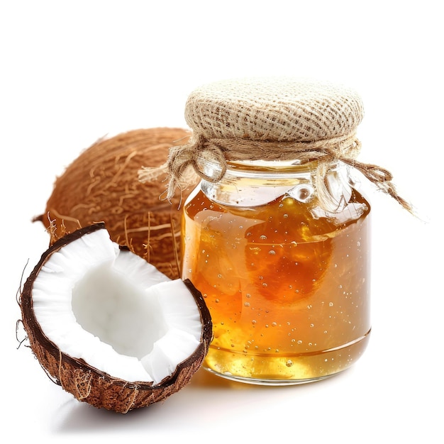 Photo a jar of homemade coconut jam with fresh coconut isolated on a pristine white background